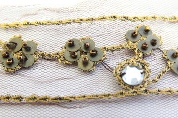 0303/15/373/35/21 - Band, Polyester, ca.35 mm breit, gold/ braun+ Strass